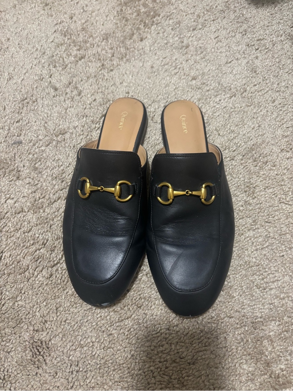 Quince Black Leather Slip-On Mules with Gold Bit